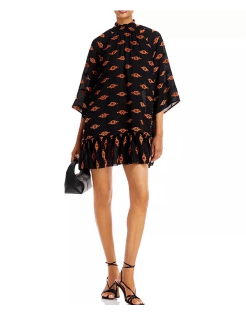 RHODE Marika Tent Dress Black Burnt Orange Ikat Jacquard Ruffle Hem Size S